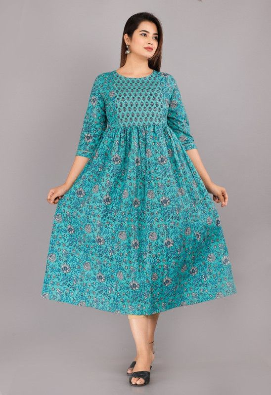 Floral Print Cotton Blend Stitched Flared/A-line Gown  (Light Blue)