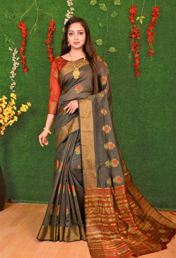 Woven Daily Wear Cotton Blend Saree  (Grey)