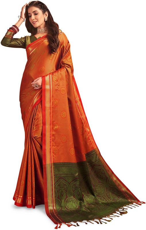 Woven Assam Silk Silk Blend Saree  (Red)