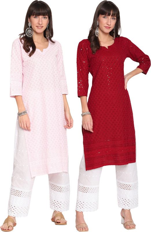 Pack of 2 Women Chikan Embroidery Cotton Blend Straight Kurta  (Maroon)