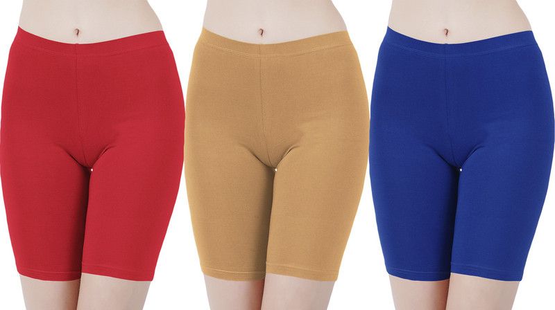 Pack of 3 Solid Women Red, Brown, Blue Cycling Shorts