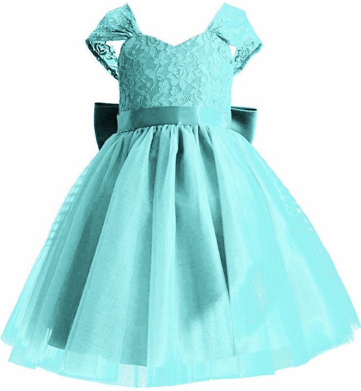 Girls Midi/Knee Length Festive/Wedding Dress  (Light Blue, Cap Sleeve)