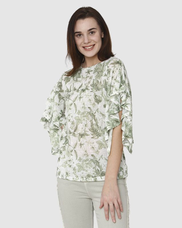 White Printed Crew Neck T-Shirt Women Floral Print Round Neck Poly Cotton White T-Shirt