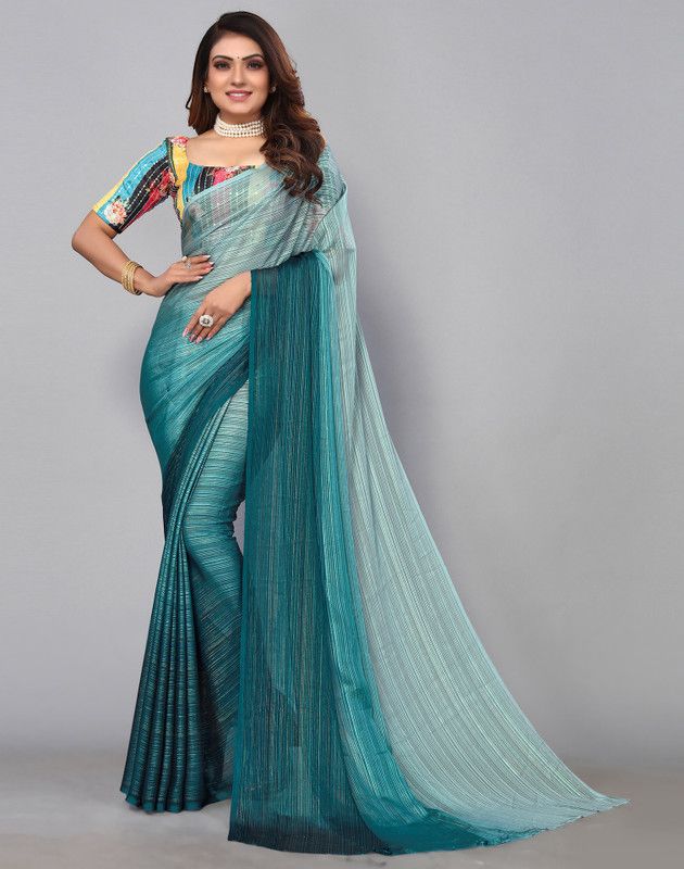 Woven, Striped, Dyed, Solid/Plain, Embellished Bollywood Georgette Saree  (Green)