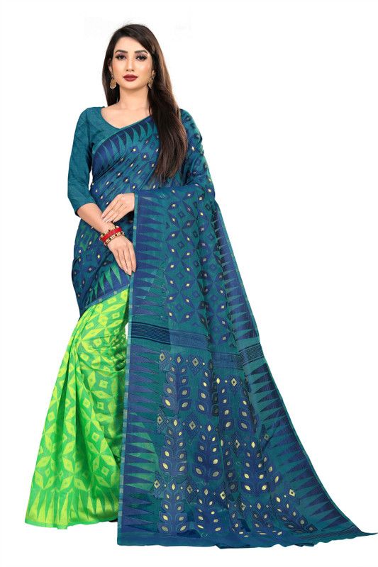 Chanderi Pure Cotton Saree  (Blue, Green)