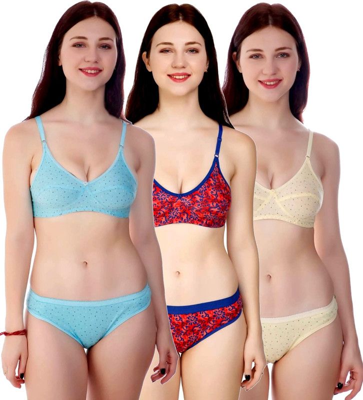 Bra & Panty Set Self Design Light Blue, Red, Yellow Lingerie Set