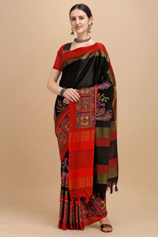 Embroidered Bollywood Cotton Blend Saree  (Red, Black)