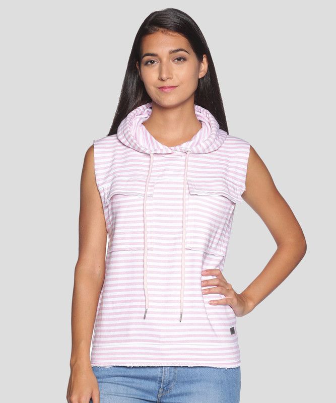 Women Sleeveless Striped Hooded Sweatshirt