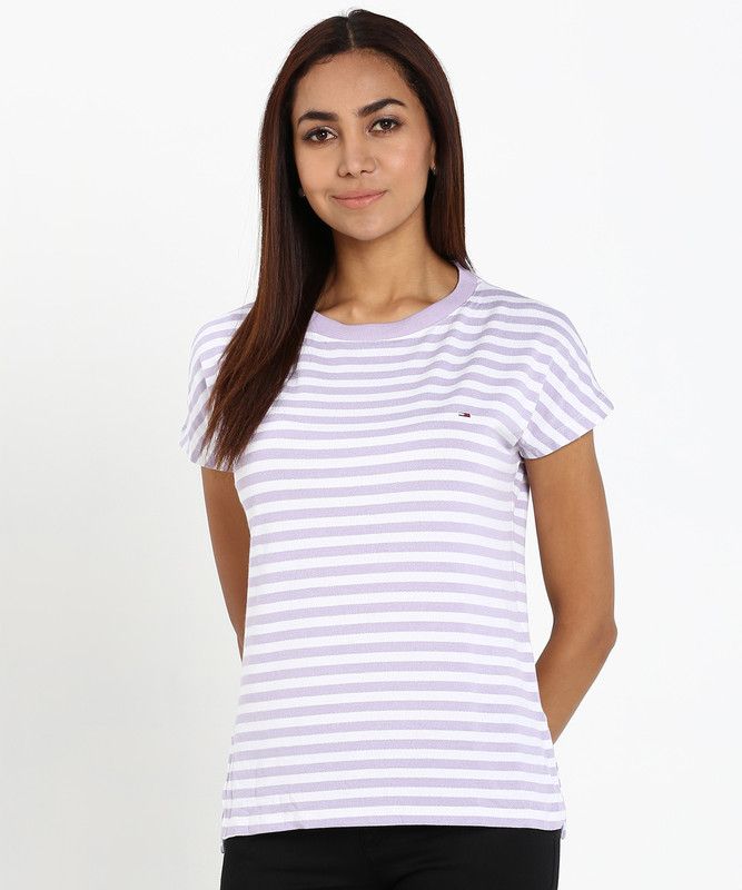 TJW TEXTURED STRIPE TEE Women Striped Round Neck Cotton Blend Purple, White T-Shirt