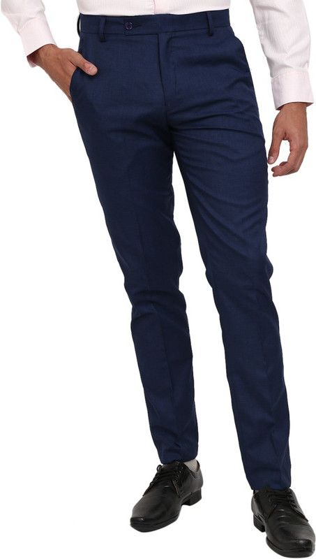 Men Regular Fit Dark Blue, Dark Blue Pure Cotton Trousers
