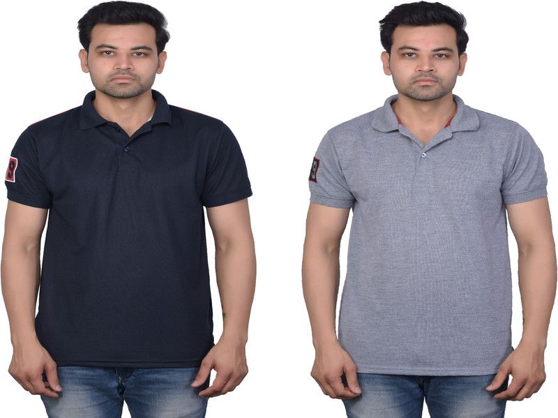 Solid Men Dark Blue, Grey T-Shirt  (Pack of 2)