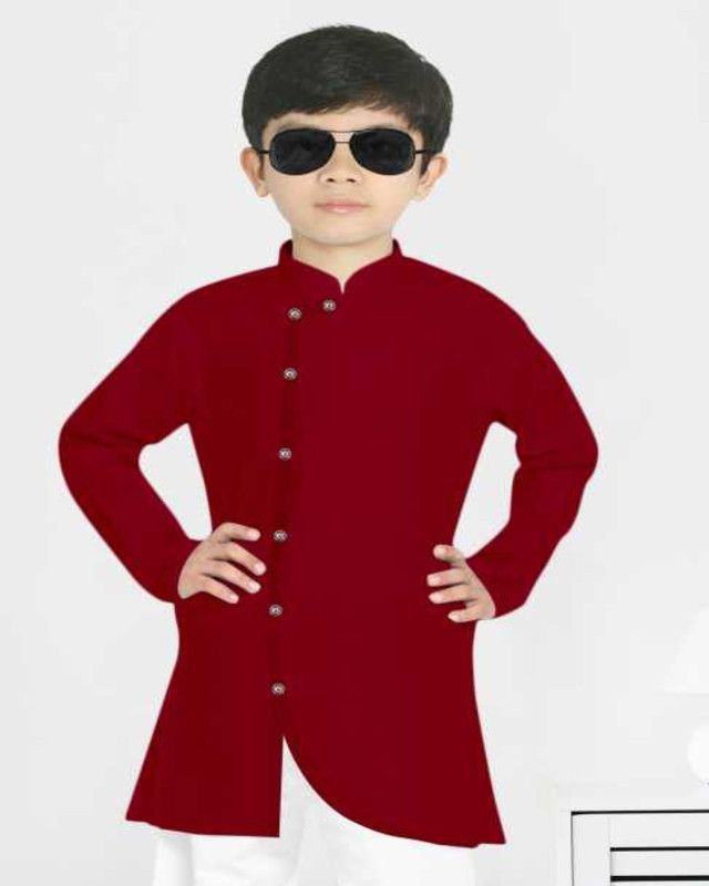Boys Self Design Kurta  (Maroon)