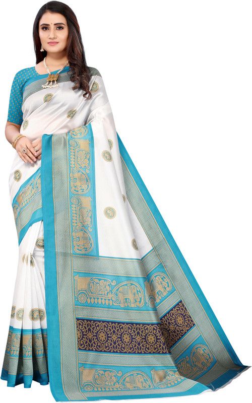 Printed Bollywood Art Silk Saree  (White, Blue)