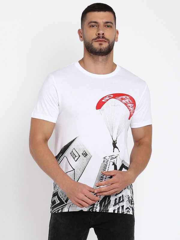 Men Color Block Round Neck Pure Cotton White T-Shirt