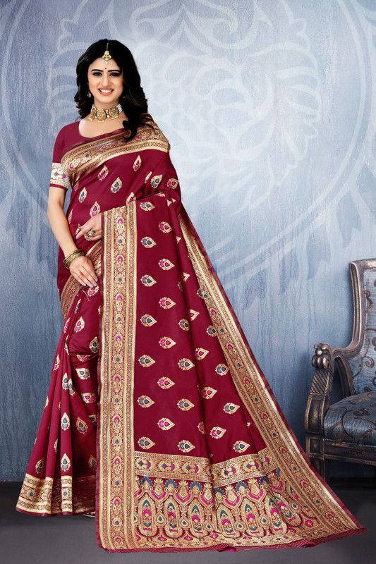 Woven Banarasi Jacquard, Art Silk Saree  (Maroon)