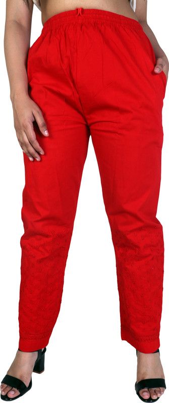 Women Slim Fit Red Lycra Blend Trousers