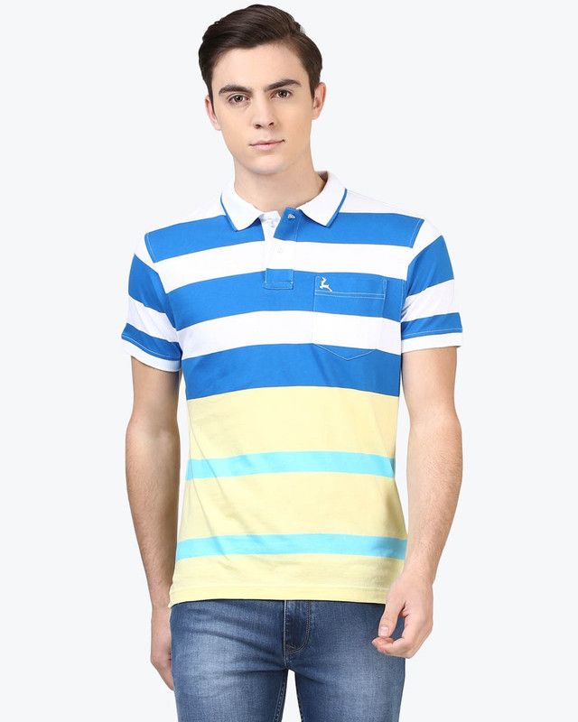 Men Striped Polo Neck Cotton Blend Yellow T-Shirt