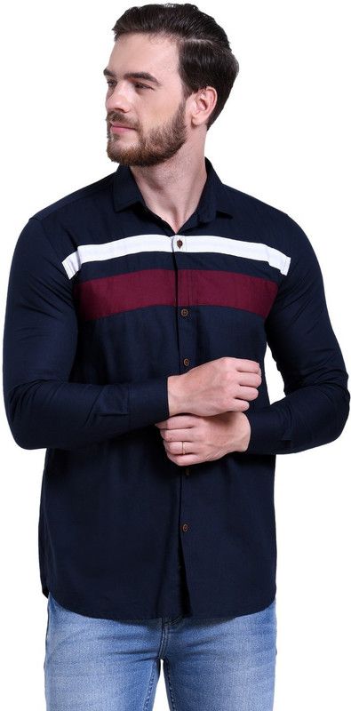 Men Slim Fit Color Block Spread Collar Casual Shirt