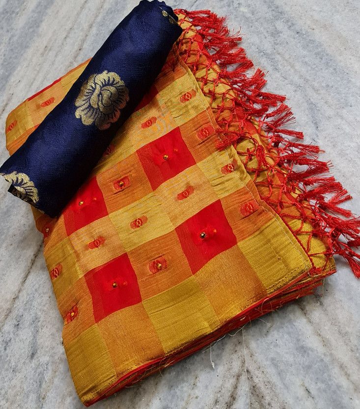Woven, Checkered Banarasi Jacquard, Chiffon Saree  (Red, Cream)
