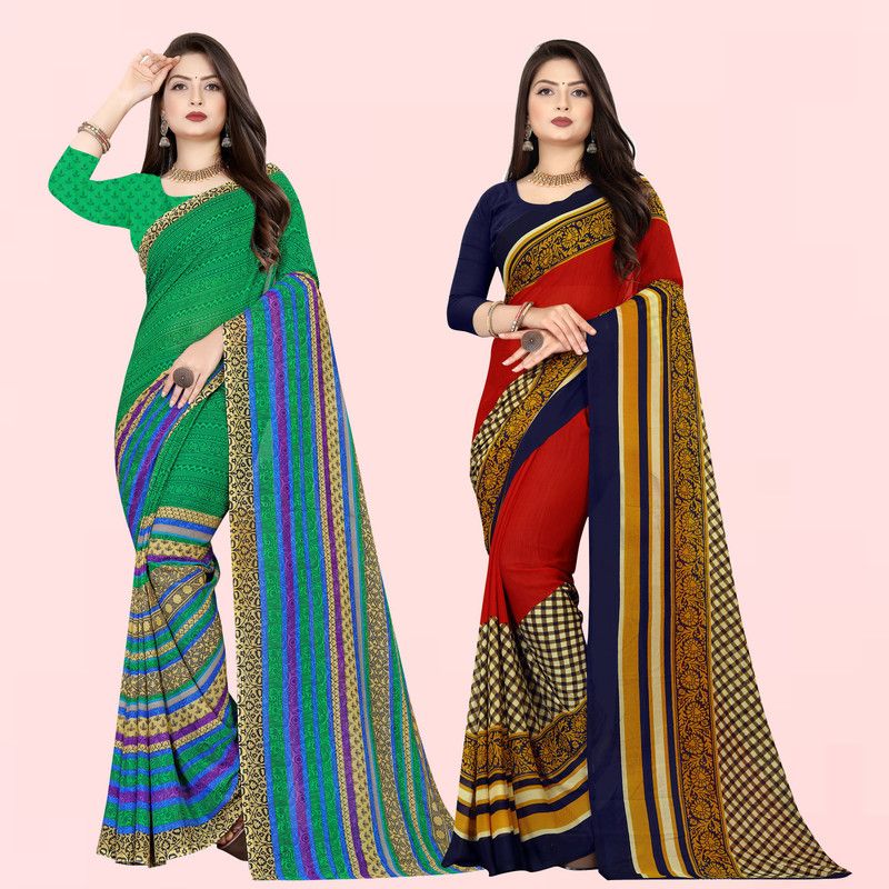 Printed Daily Wear Georgette Saree  (Pack of 2, Red, Green)
