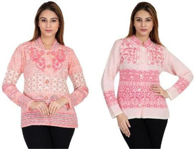 Women Self Design V Neck Multicolor Sweater