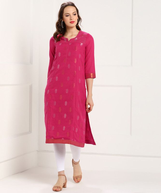 Women Woven Design Pure Cotton Straight Kurta  (Pink)