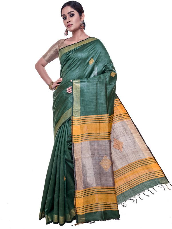 Embellished Bhagalpuri Tussar Silk Saree  (Green)
