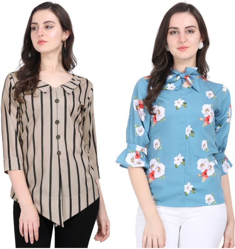 Pack of 2 Casual Regular Sleeves Striped Women Blue, Grey Top