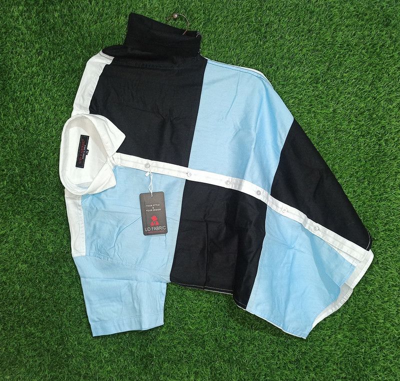Men Color Block Casual Light Blue, Black Shirt