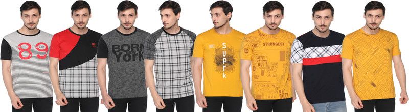 Pack of 8 Men Striped, Checkered Round Neck Cotton Blend Multicolor T-Shirt