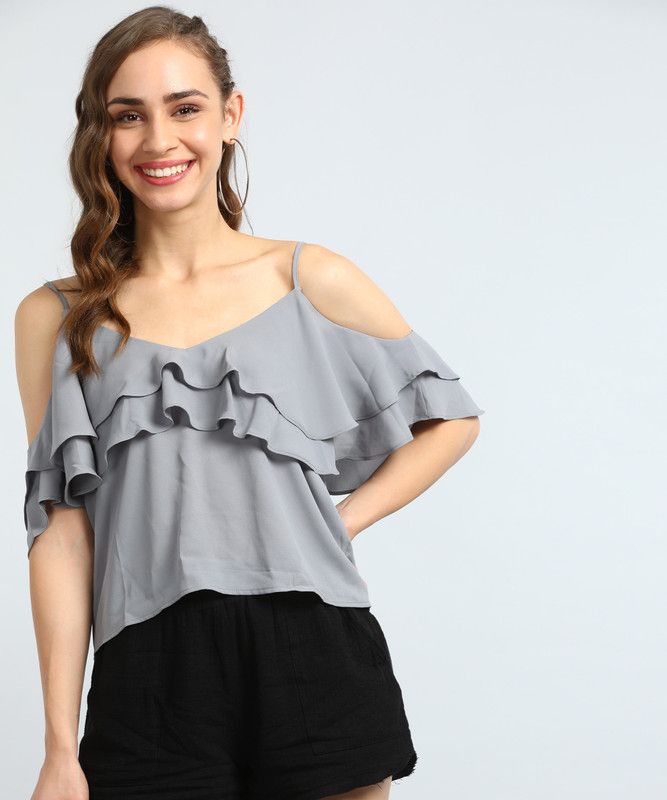 Casual Cold Shoulder Sleeves Solid Women Grey Top