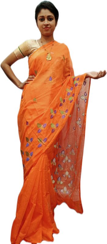 Embroidered Handloom Cotton Blend Saree  (White, Orange, Yellow)