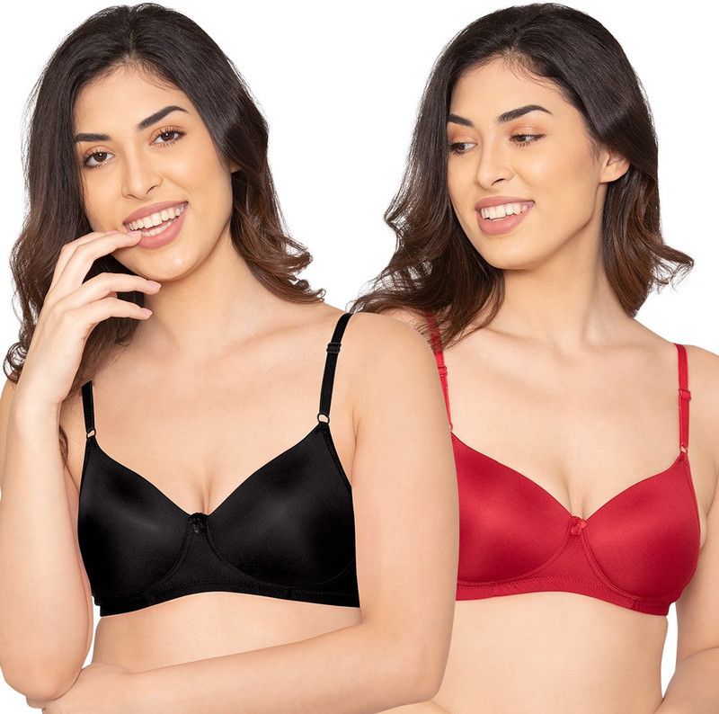 Pack of 2 Women Full Coverage Lightly Padded Bra  (Black, Red)