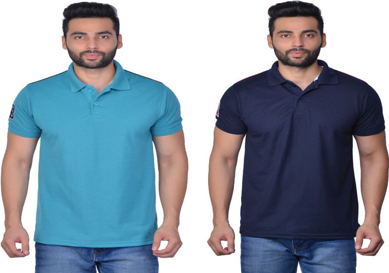 Pack of 2 Men Solid Polo Neck Cotton Blend Dark Blue, Light Green T-Shirt