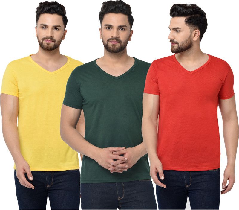 Pack of 3 Men Solid V Neck Cotton Blend Red, Green, Yellow T-Shirt