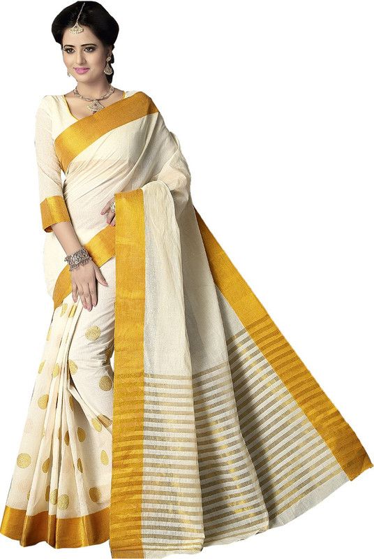 Polka Print Bollywood Cotton Blend Saree  (Beige)
