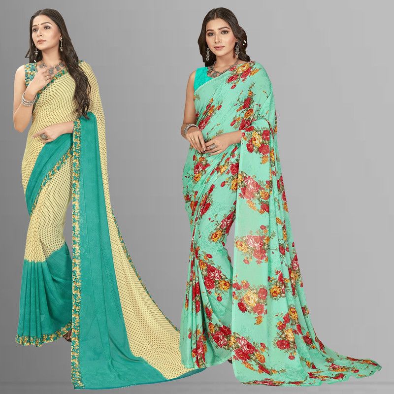 Printed Daily Wear Georgette Saree  (Pack of 2, Multicolor, Light Blue)