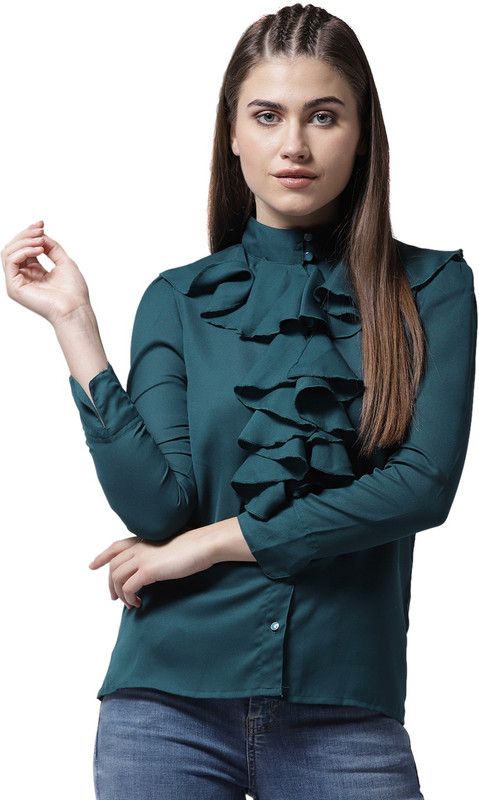Women Slim Fit Solid Button Down Collar Party Shirt