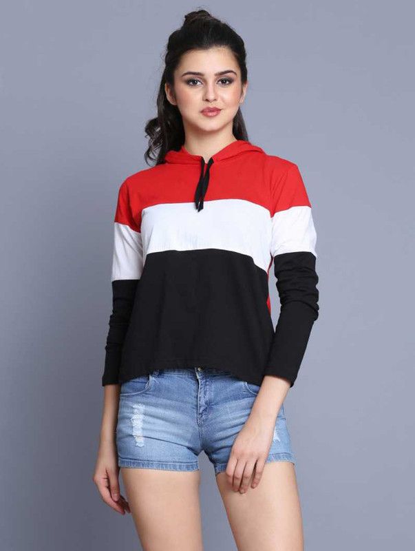 Women Colorblock Hooded Neck Cotton Blend Multicolor T-Shirt