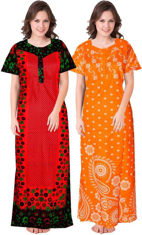 Pack of 2 Women Nighty Set  (Red, Orange, Black, Green)