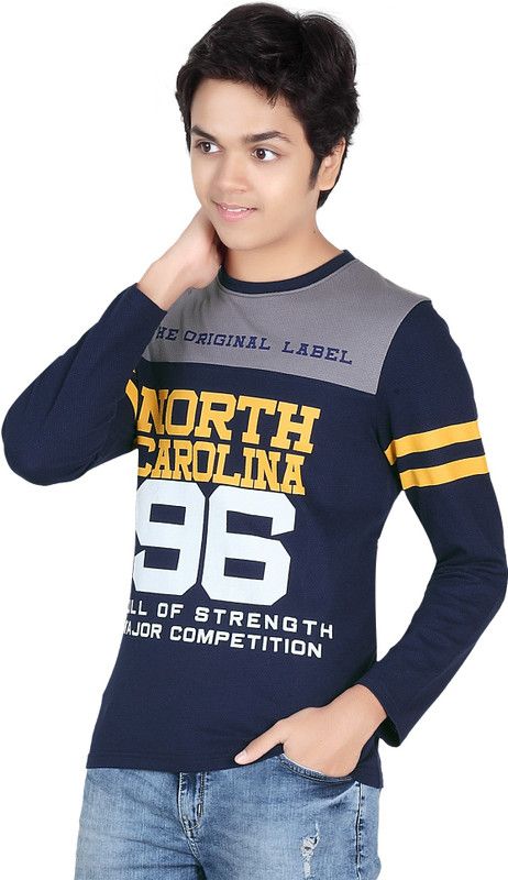 Boys Typography Cotton Blend T Shirt  (Dark Blue, Pack of 1)