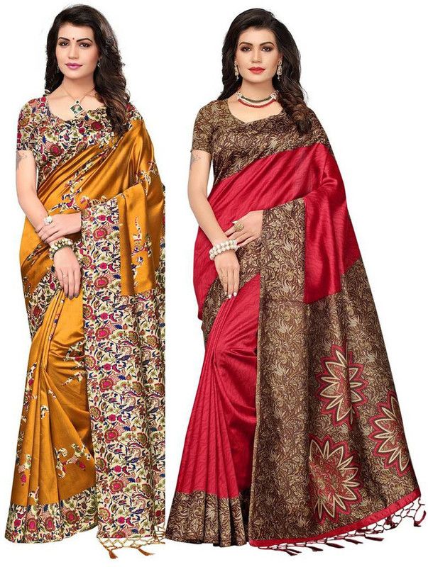 Printed Mysore Silk Blend Saree  (Pack of 2, Multicolor)