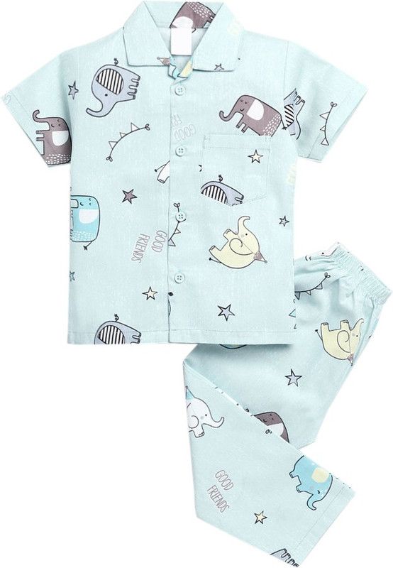 Boys Printed Pure Cotton Kids Nightwear  (Green Pack of 1)