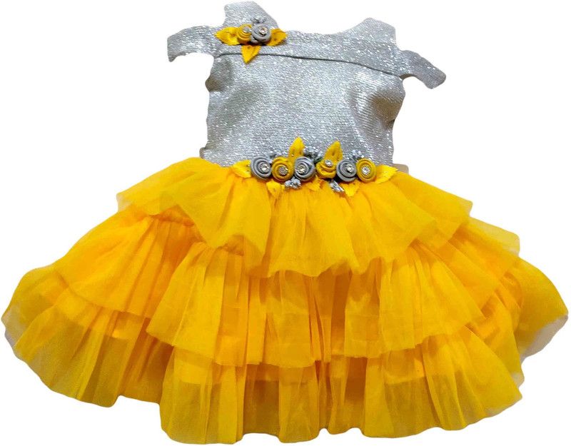 Baby Girls Short/Mid Thigh Festive/Wedding Dress  (Yellow, Sleeveless)