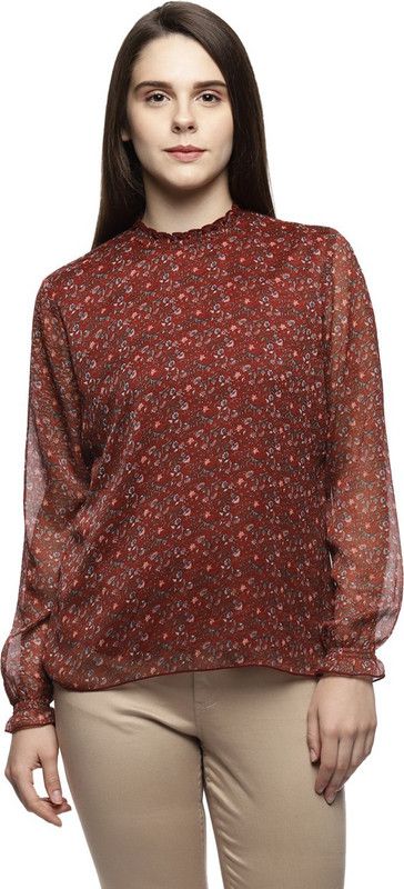 Casual Bishop Sleeve Floral Print Women Maroon Top