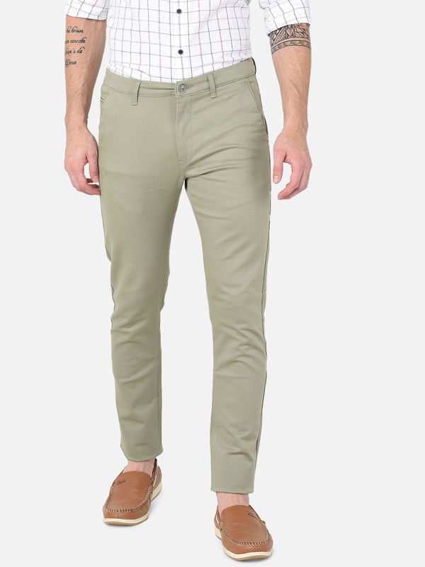 Men Slim Fit Light Green Pure Cotton Trousers