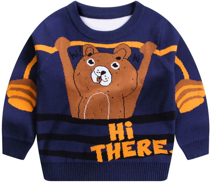 Boys Printed Round Neck Blue, Brown Sweater