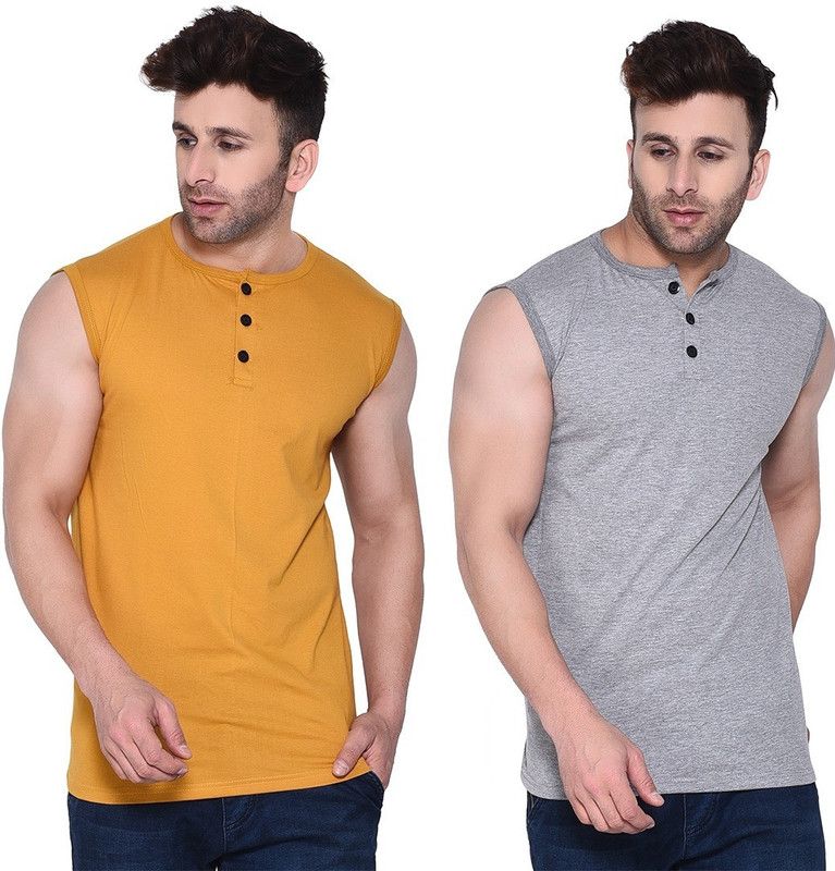 Pack of 2 Faizaan Men Solid Round Neck Cotton Blend Silver, Gold T-Shirt