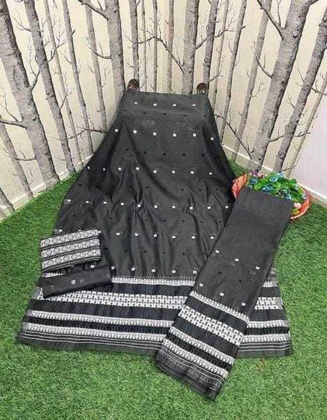 Embroidered Mekhela Chador Cotton Linen, Cotton Silk Saree  (Black)