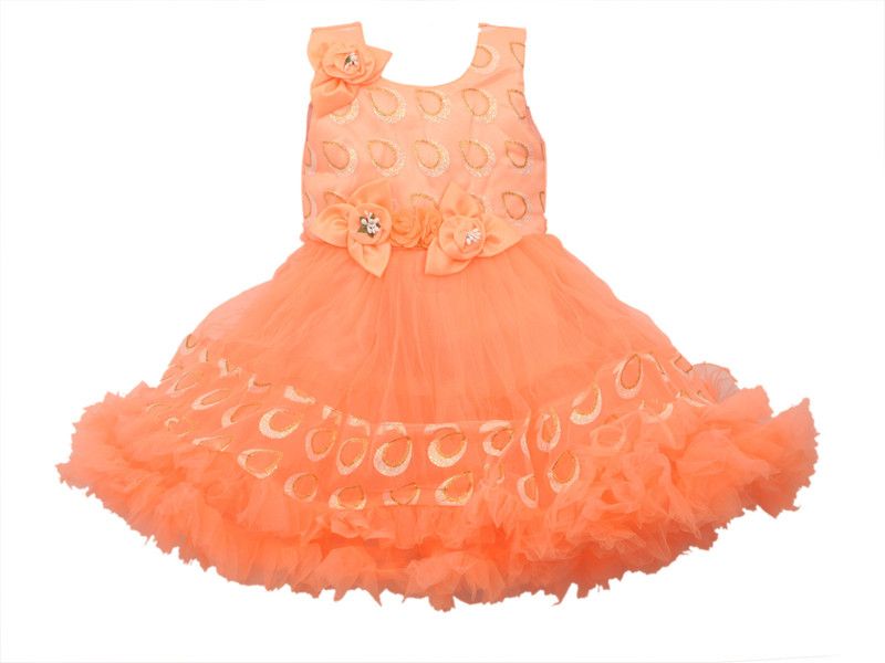 Baby Girls Midi/Knee Length Festive/Wedding Dress  (Orange, Sleeveless)